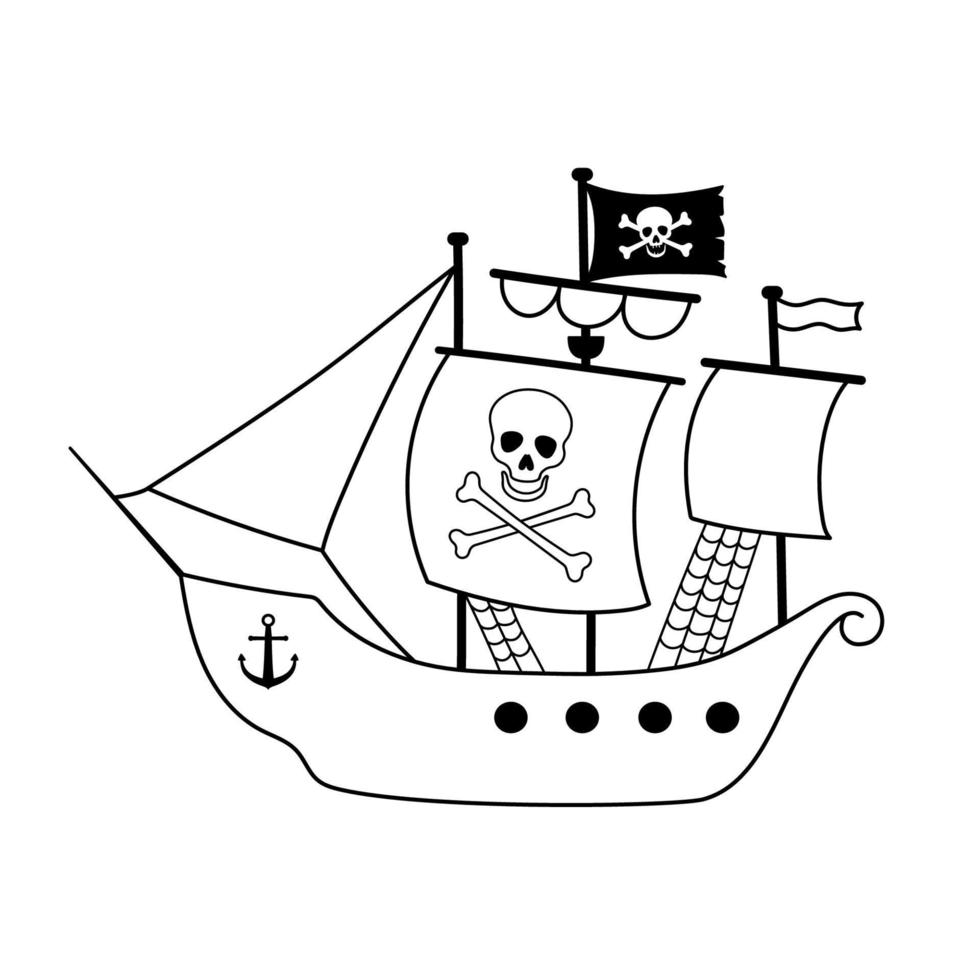 barco pirata con calavera con huesos cruzados en la vela aislado sobre fondo blanco. ilustración monocromática de línea vectorial para colorear página. vector