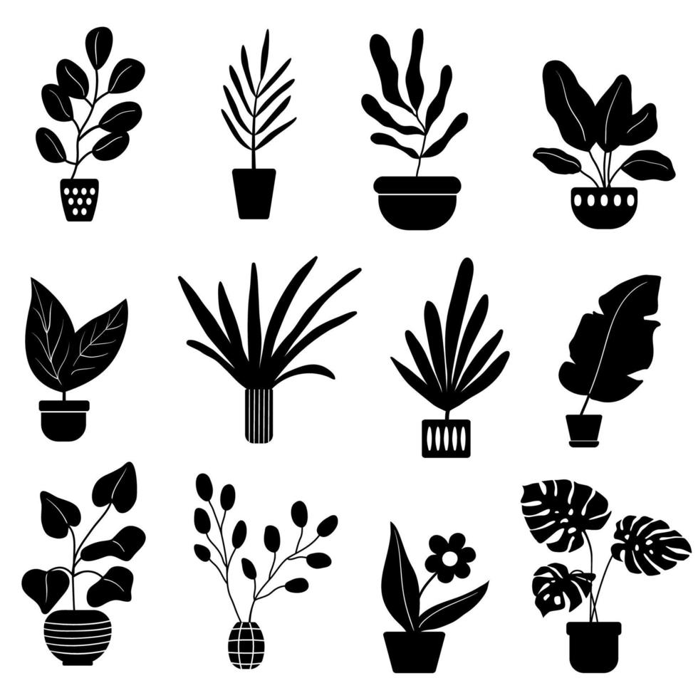 Hand drawn house plants. Black silhouettes of different plants in pots. Vector illustration isolated on white background