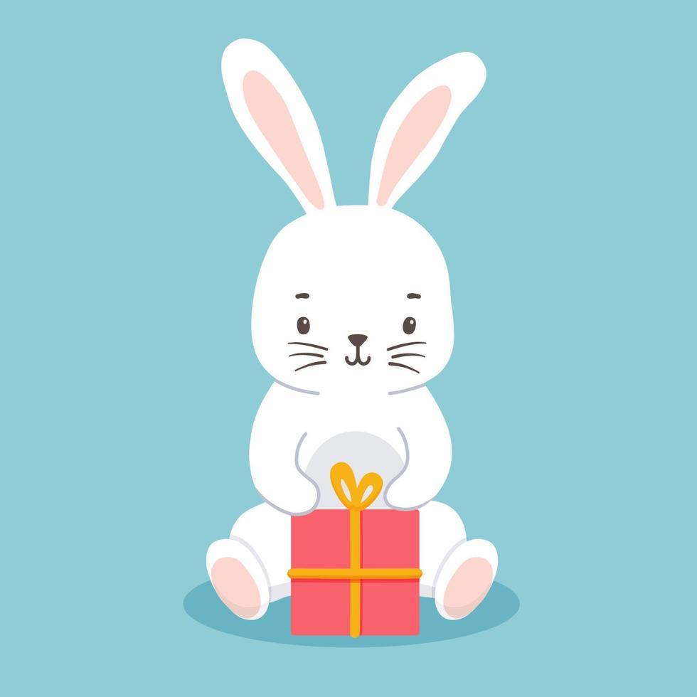 Cute character white bunny sitting with gift box. Vector illustration of rabbit isolated on blue background. Symbol new year 2023 and Easter