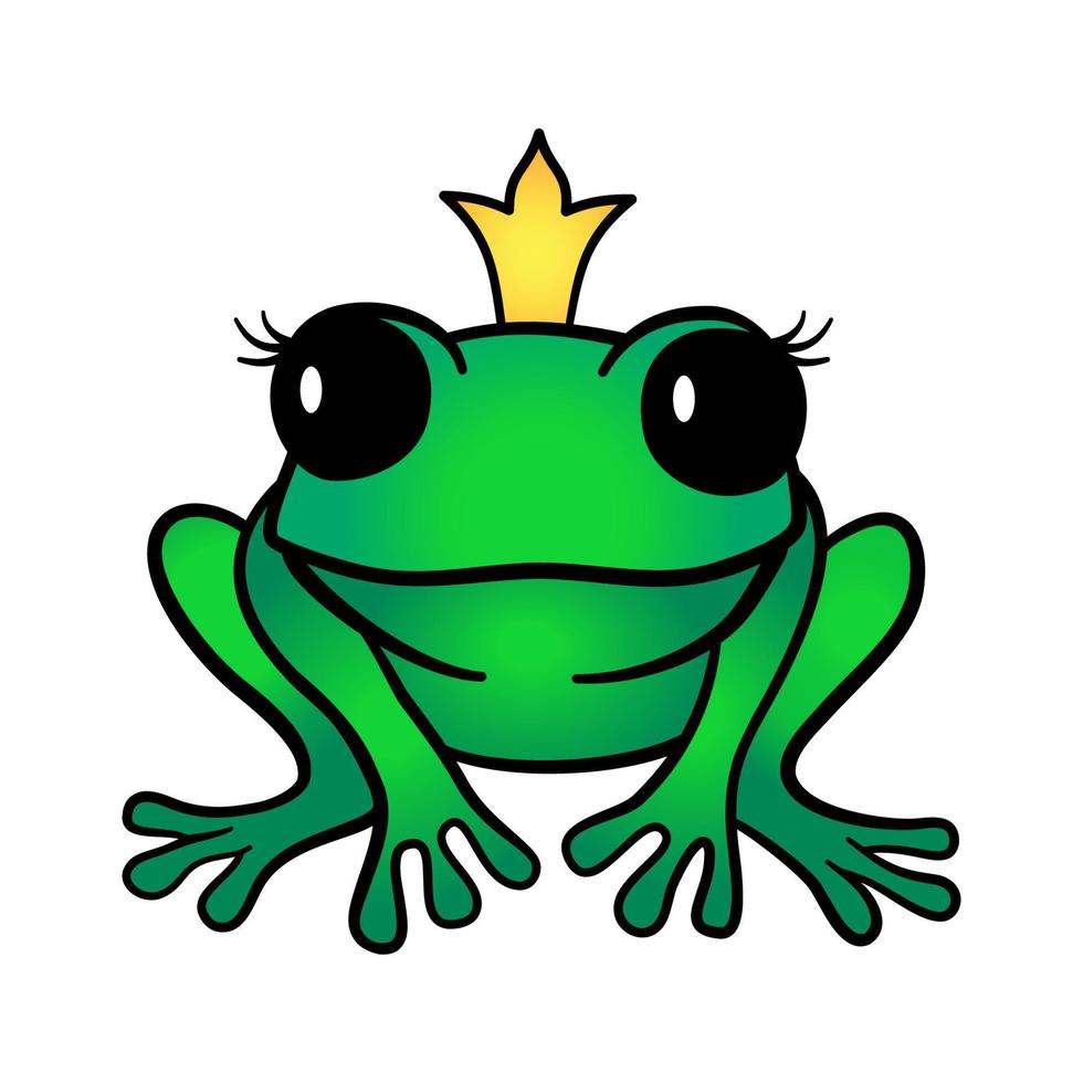 Vector cartoon green princess frog in crown isolated on white background. Cute frog illustration