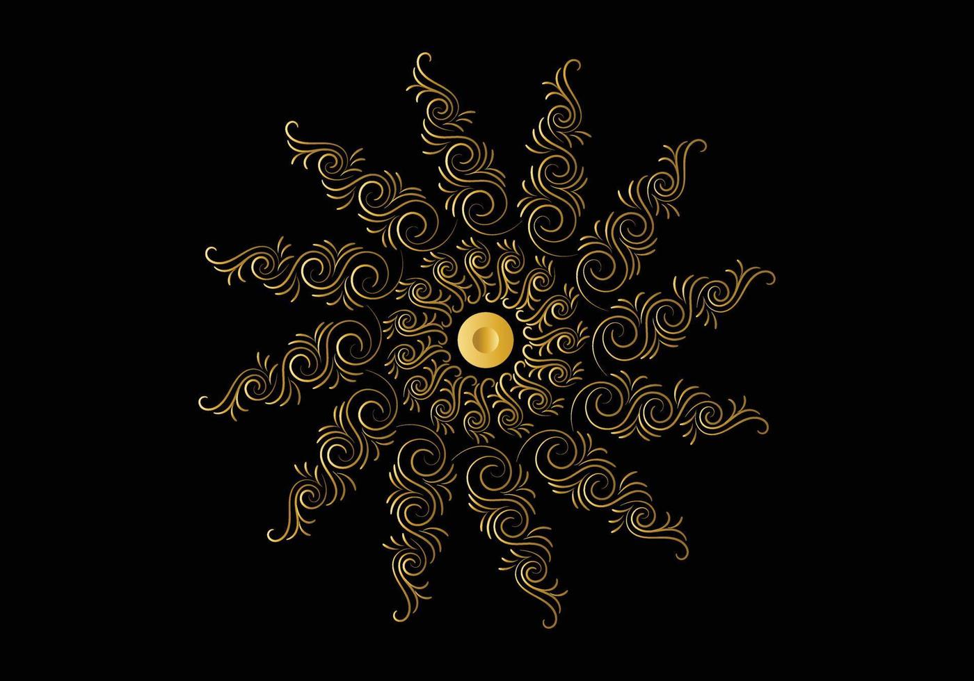 marco dorado con adorno en círculo sobre fondo negro. mandala de oro de lujo, diseño de dibujo a mano. vector