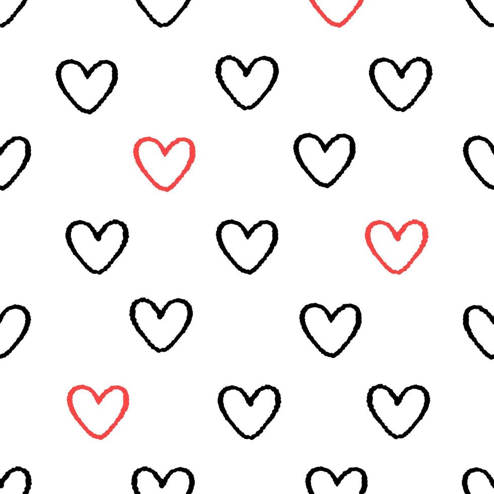 Seamless pattern with hand drawn hearts black and red color vector