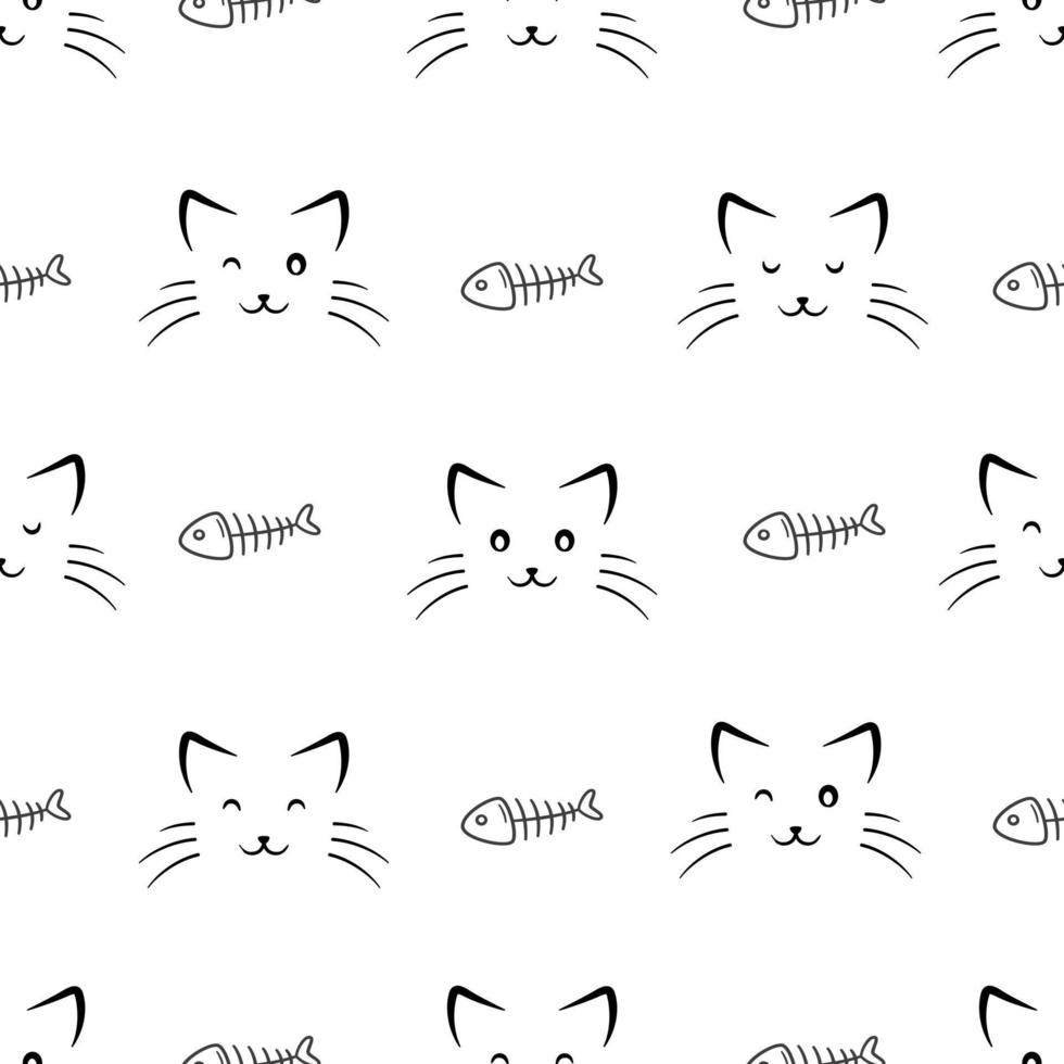 Seamless pattern kitten face with fishbones vector