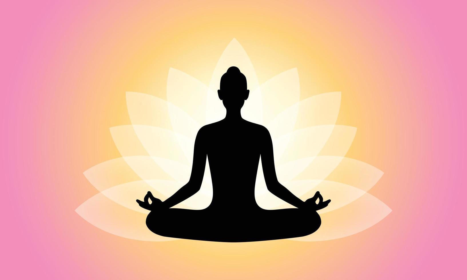 Human meditating in sitting on aura lotus background vector