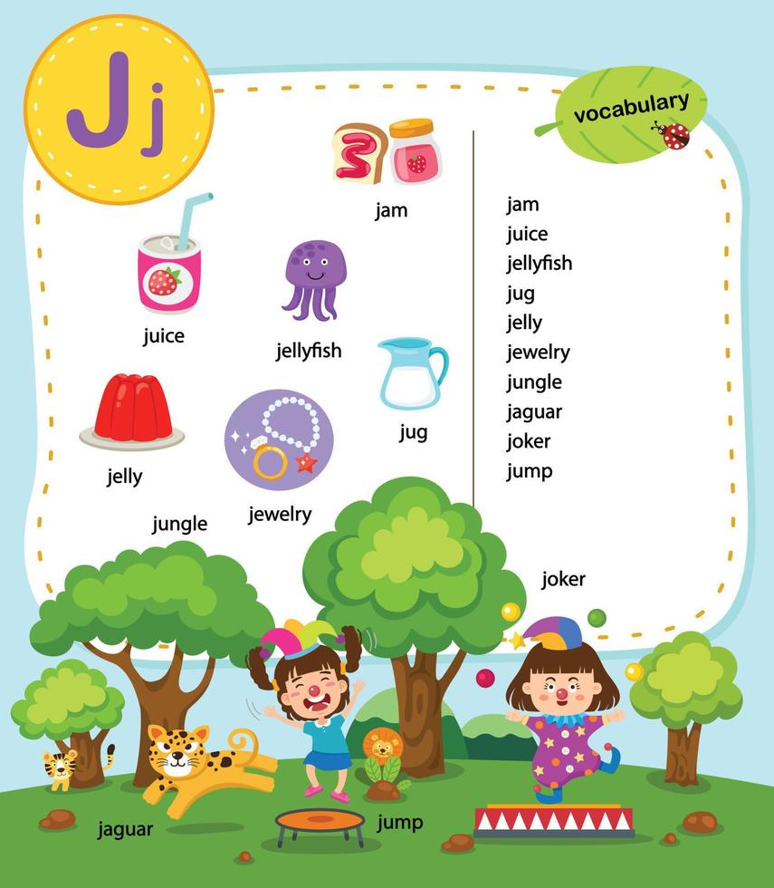 Alphabet Letter J education vocabulary illustration, vector