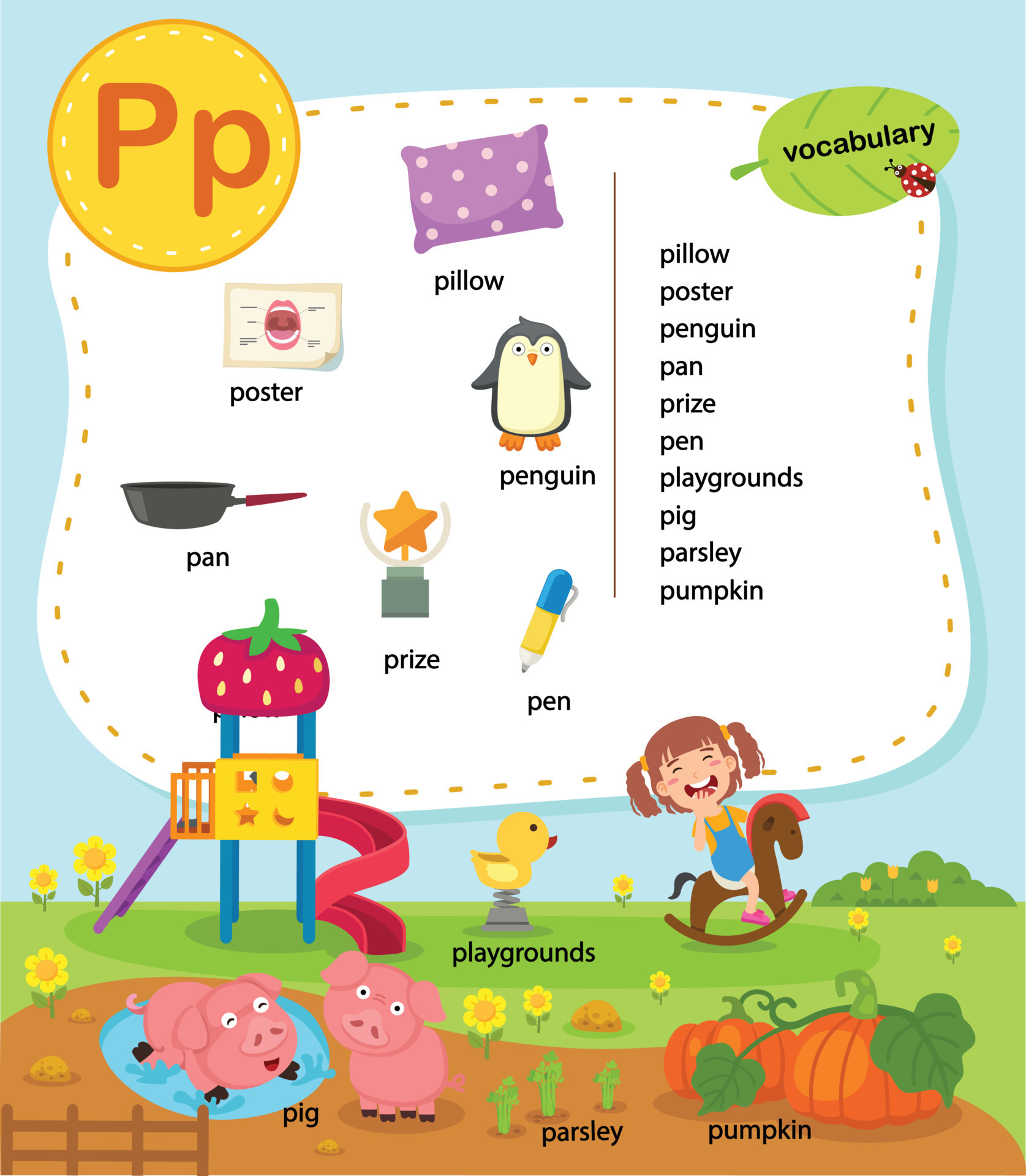 Alphabet Letter P education vocabulary illustration, vector 9389401