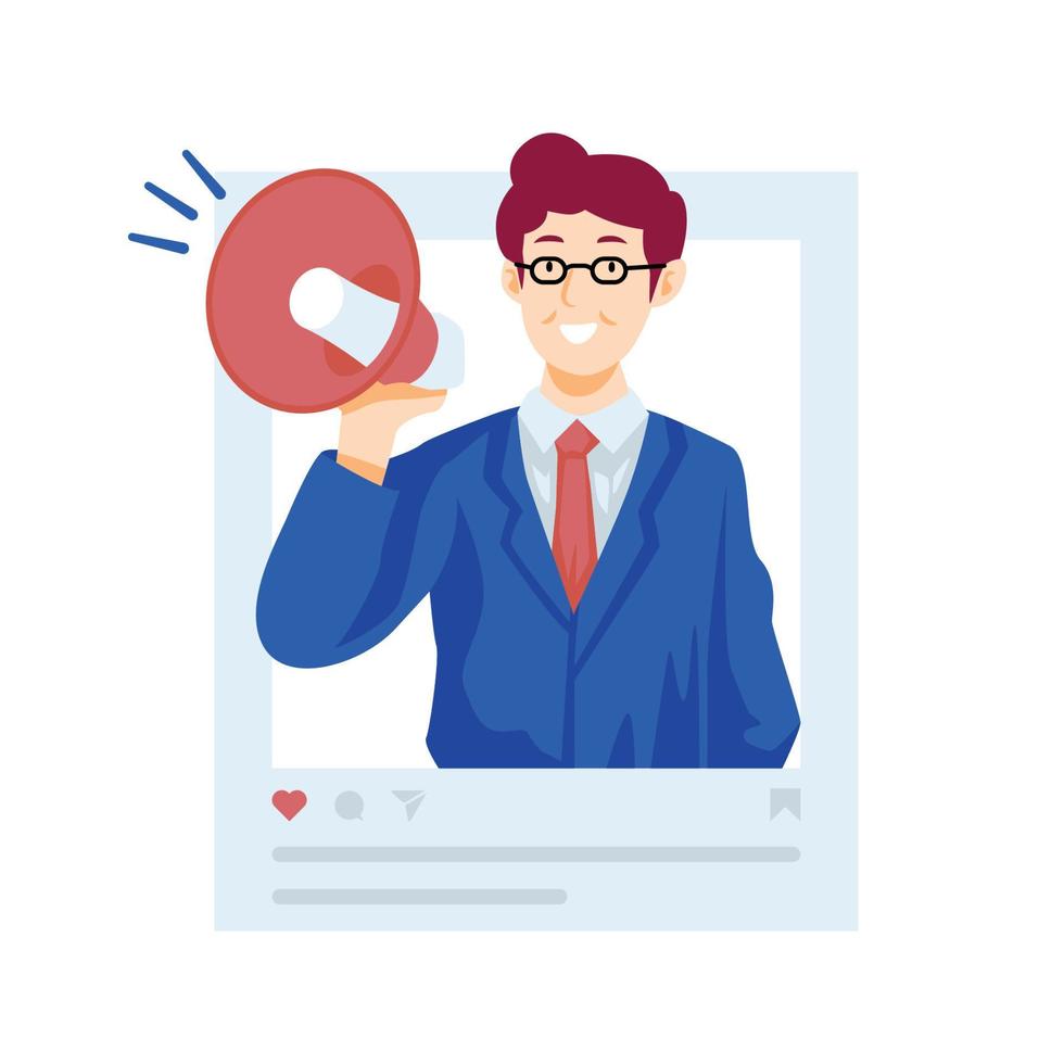 Facial expression old businessman promote through megaphone in social media vector illustration