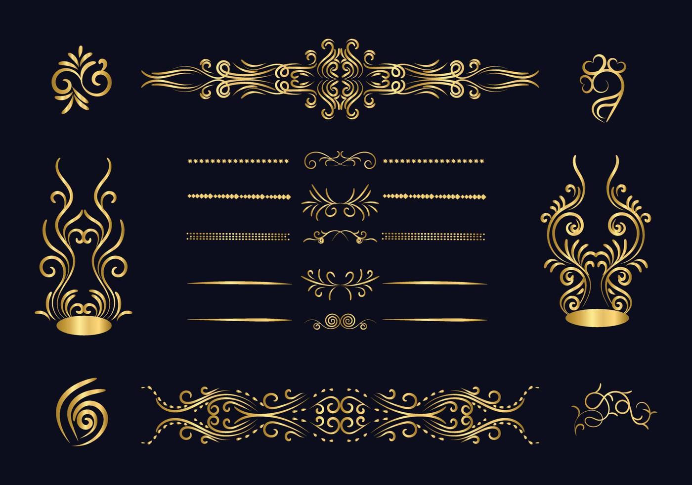 juego de divisores dorados. elementos decorativos ornamentales. diseño de elementos ornamentales vectoriales. el oro florece. divisor caligráfico decorativo y borde para adorno de álbum de recortes de viñeta. vector