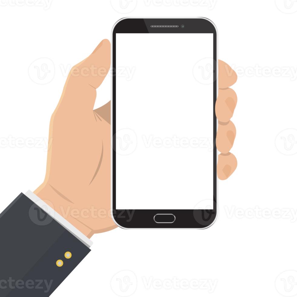 Hand Holding Phone with white screen. Blank screen. Businessman's hand. png