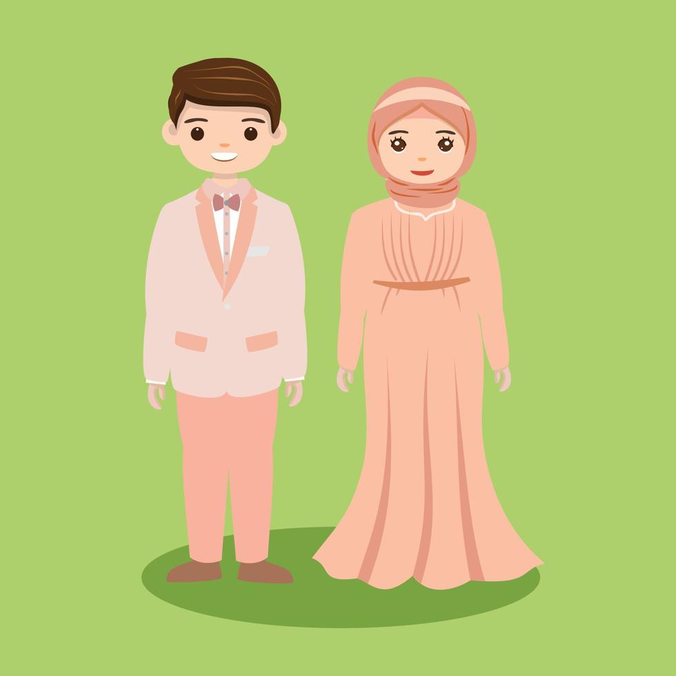 Muslim Bride and Groom Looking at Each Other Cartoon Character Design Vector Illustration