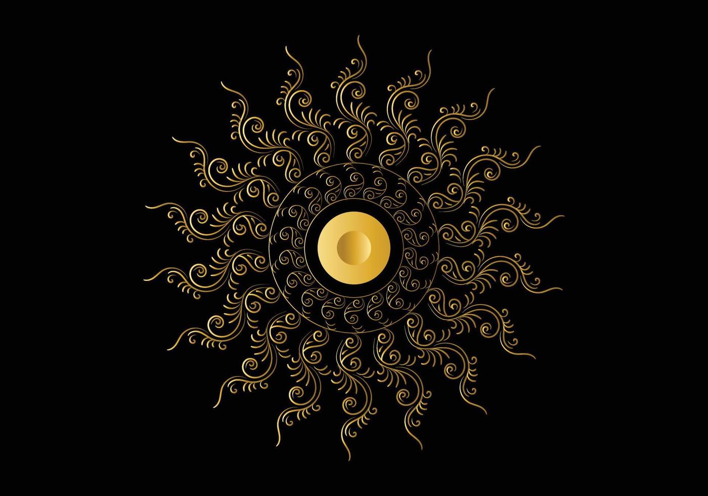 Golden frame with ornament in circle on black background. Luxury gold mandala, hand draw design. vector