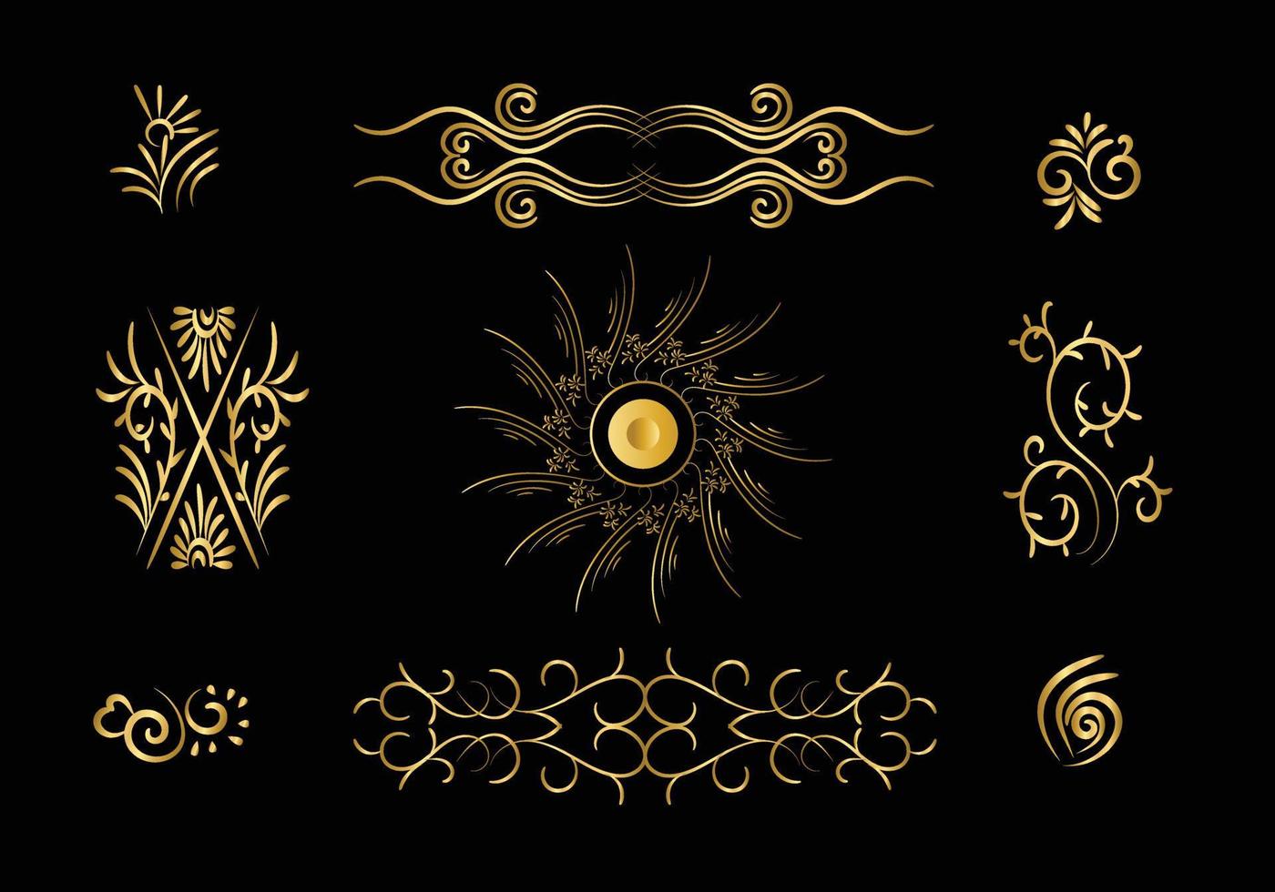 juego de divisores dorados. elementos decorativos ornamentales. diseño de elementos ornamentales vectoriales. el oro florece. divisor caligráfico decorativo y borde para adorno de álbum de recortes de viñeta. vector