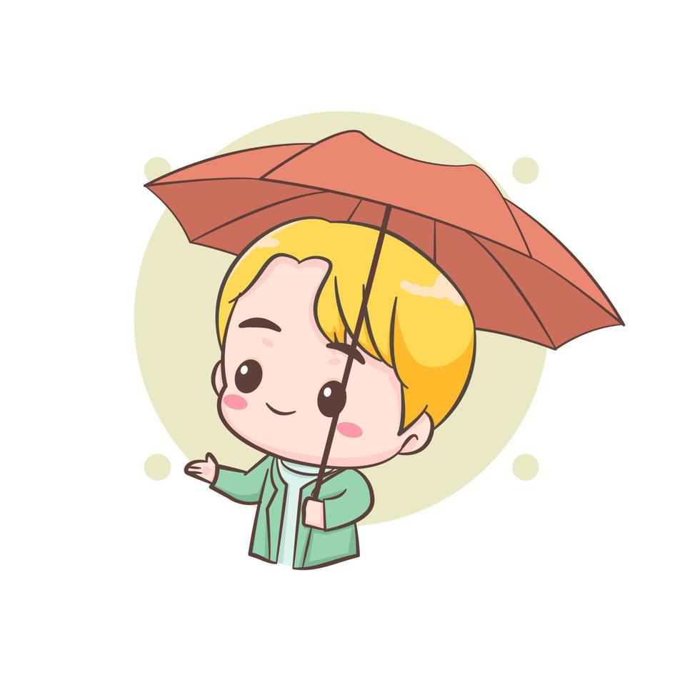 Cute boy holding umbrella. Chibi cartoon character. Vector flat design  illustration