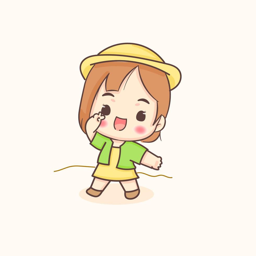 Cute girl in summer dress walking on the beach. Summer holidays and vacation. Chibi cartoon character. Flat vector illustration
