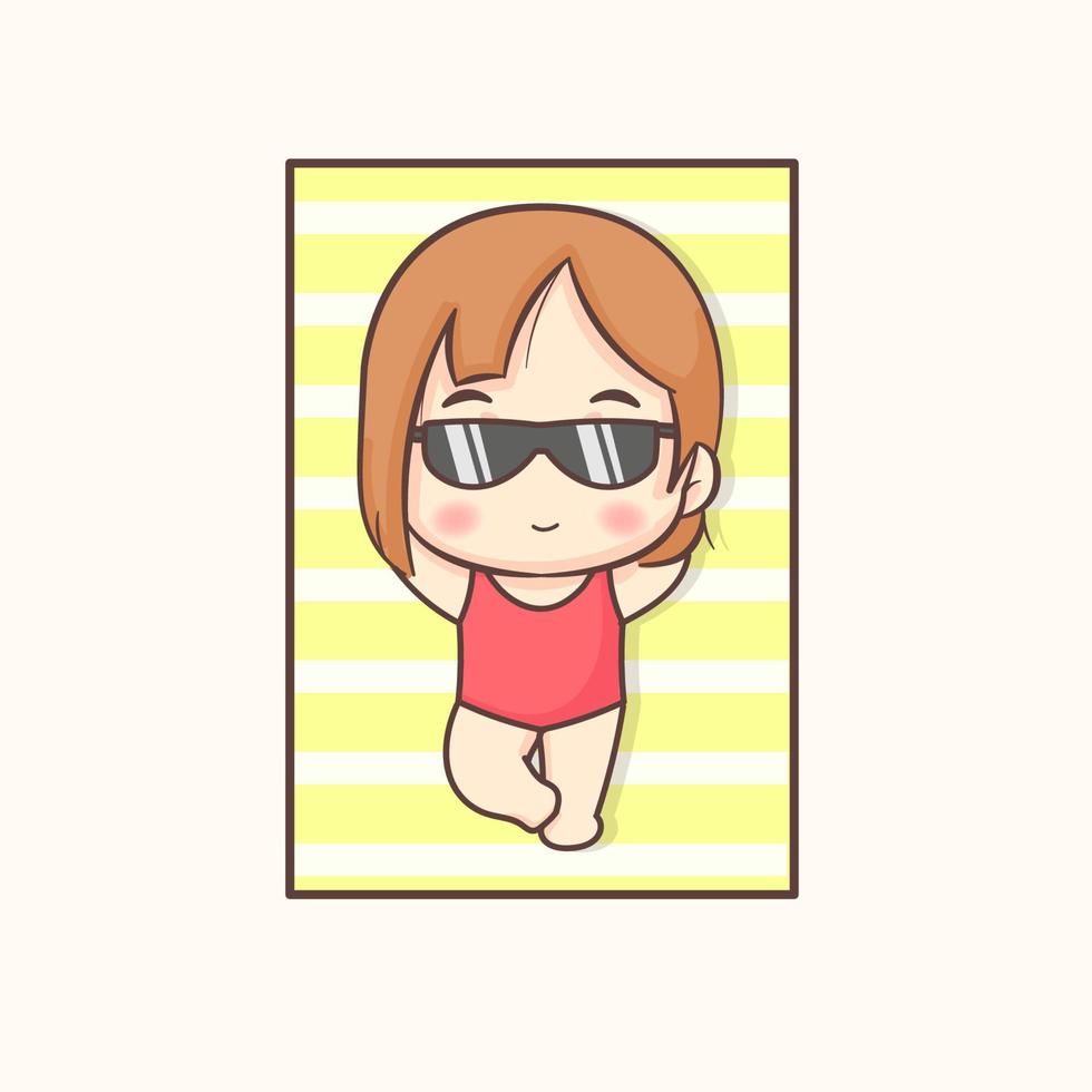 Cute girl wearing glasses sunbathe on the beach. Summer holidays and vacation. Chibi cartoon character. Flat vector illustration