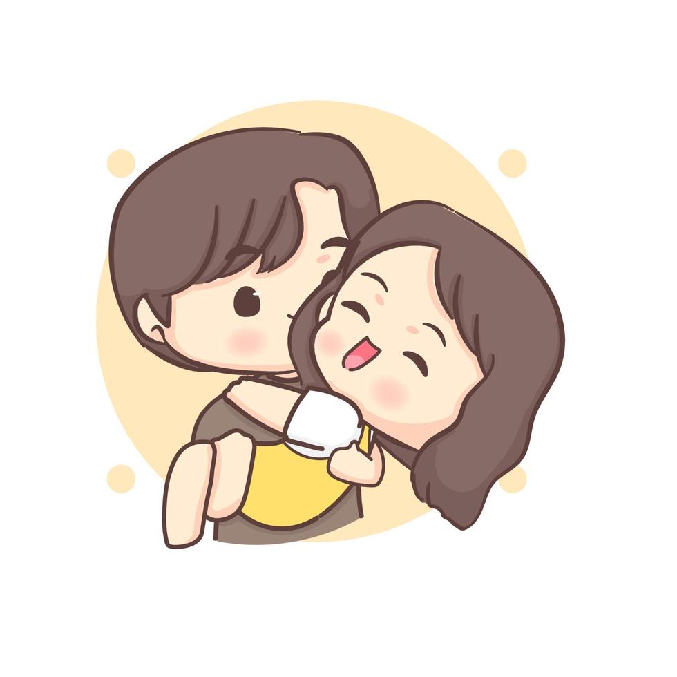 Cute boy is carrying his girlfriend. Happy valentine chibi lovers couple cartoon character. vector