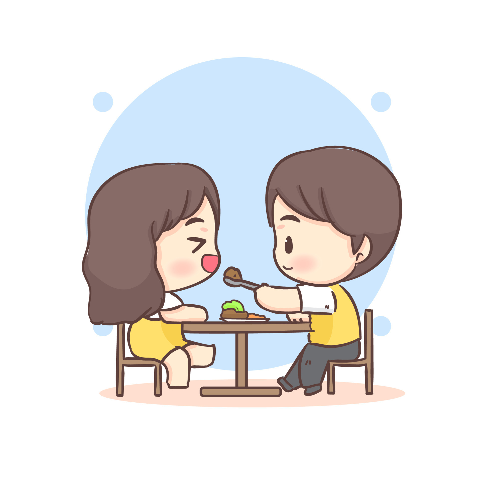 Cute lovers couple sitting and eating together. Happy valentine chibi  cartoon character. 9390030 Vector Art at Vecteezy