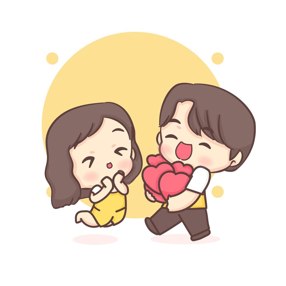 Cute boy gives his heart to his girlfriend. Happy valentine chibi couple cartoon character. vector