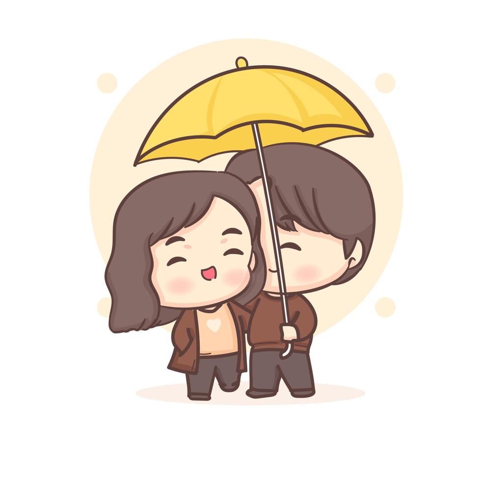 Cute lovers couple under umbrella. Happy valentine chibi cartoon character. vector