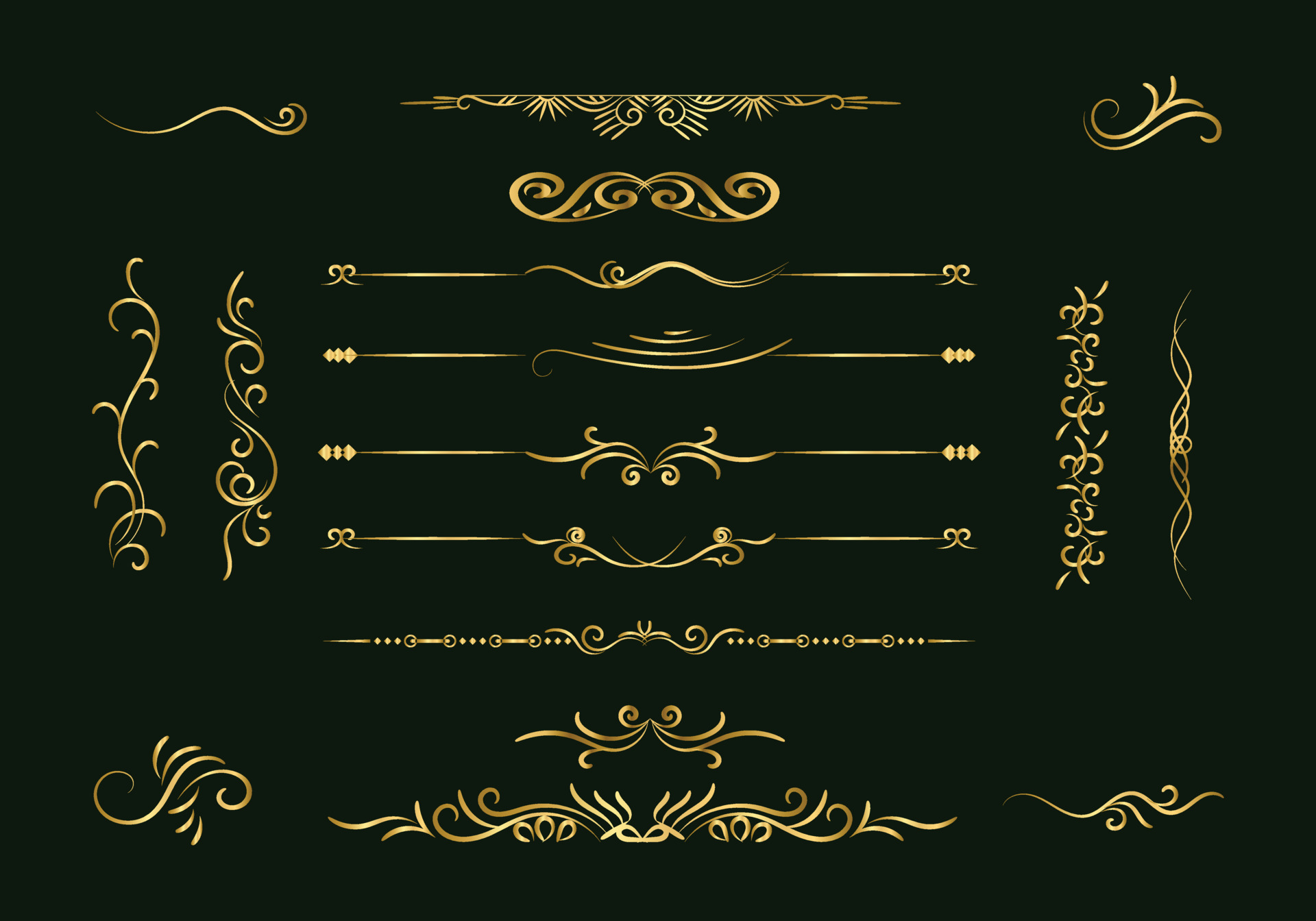 Golden dividers set. Ornamental decorative elements. Vector ornate