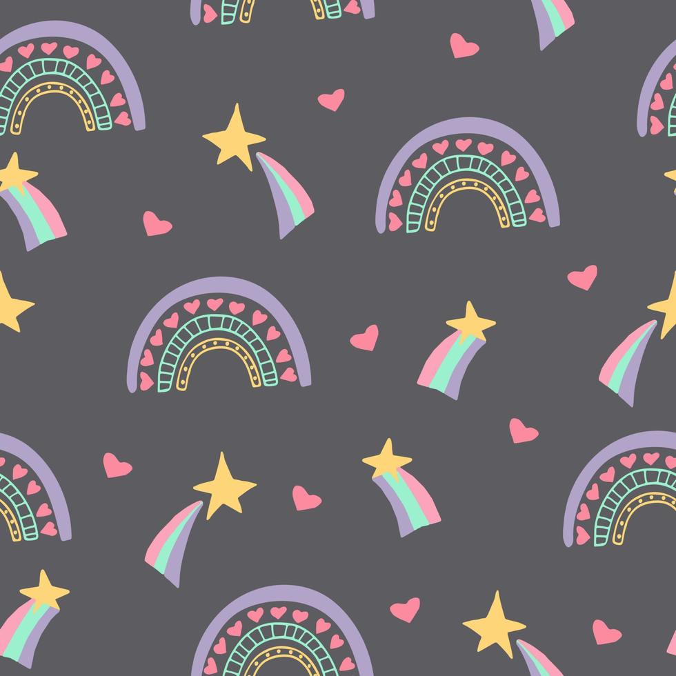 rainbow, star, heart seamless pattern hand drawn. . wallpaper, wrapping paper, textile, background fairy tale nursery pastel cute vector