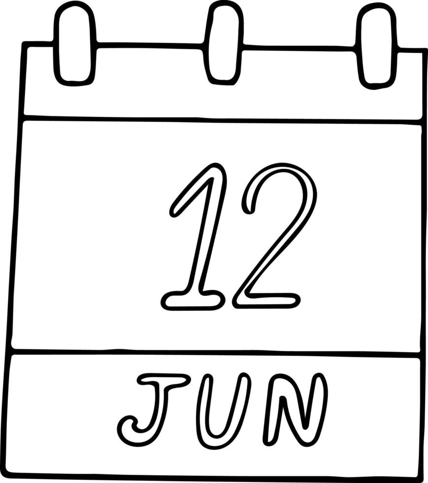 calendario dibujado a mano en estilo garabato. 12 de junio. día mundial contra el trabajo infantil, fecha. icono, elemento adhesivo para el diseño. planificación, vacaciones de negocios vector