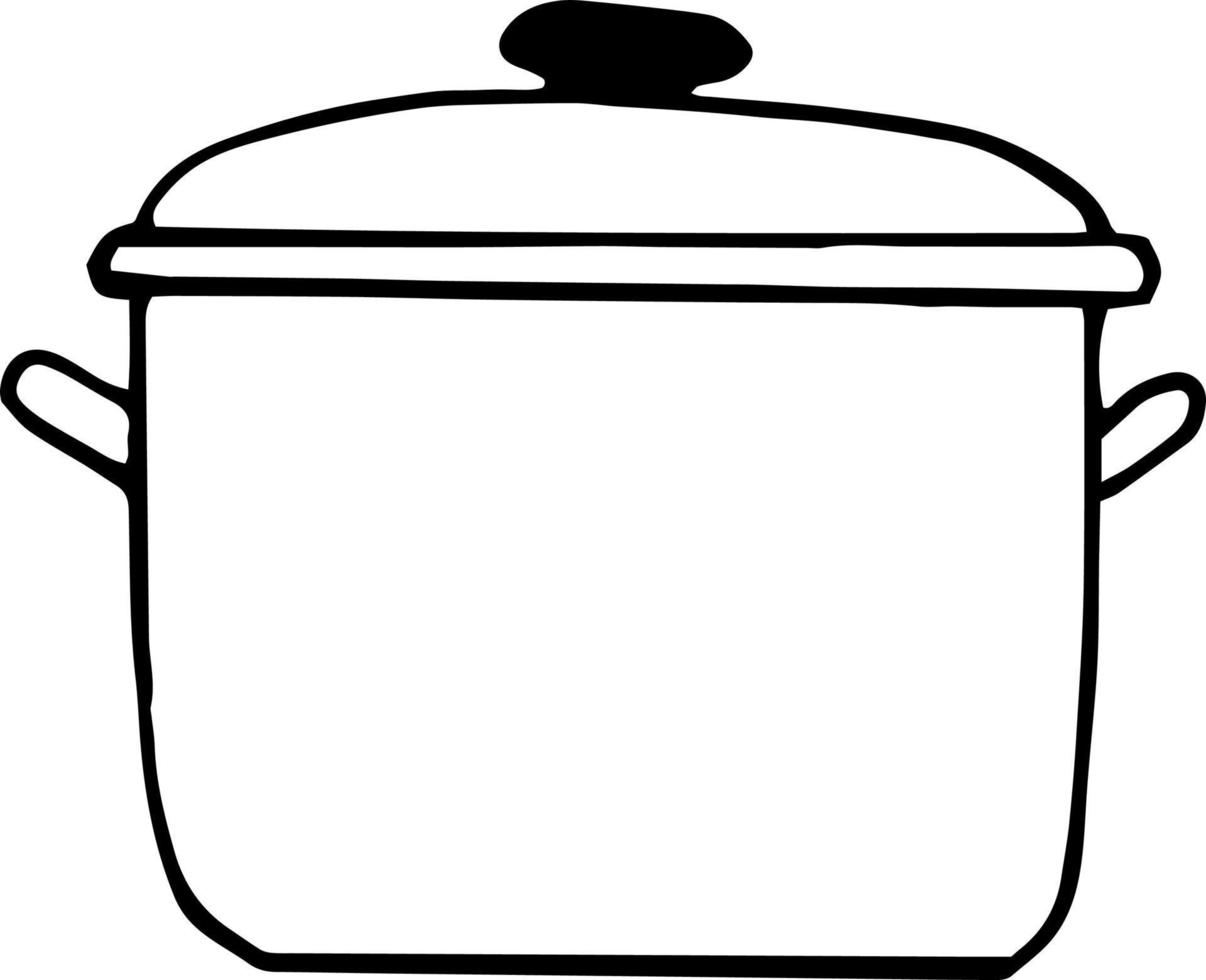 icono de cacerola, pegatina. boceto estilo garabato dibujado a mano. , minimalismo, platos monocromáticos cocinando comida vector