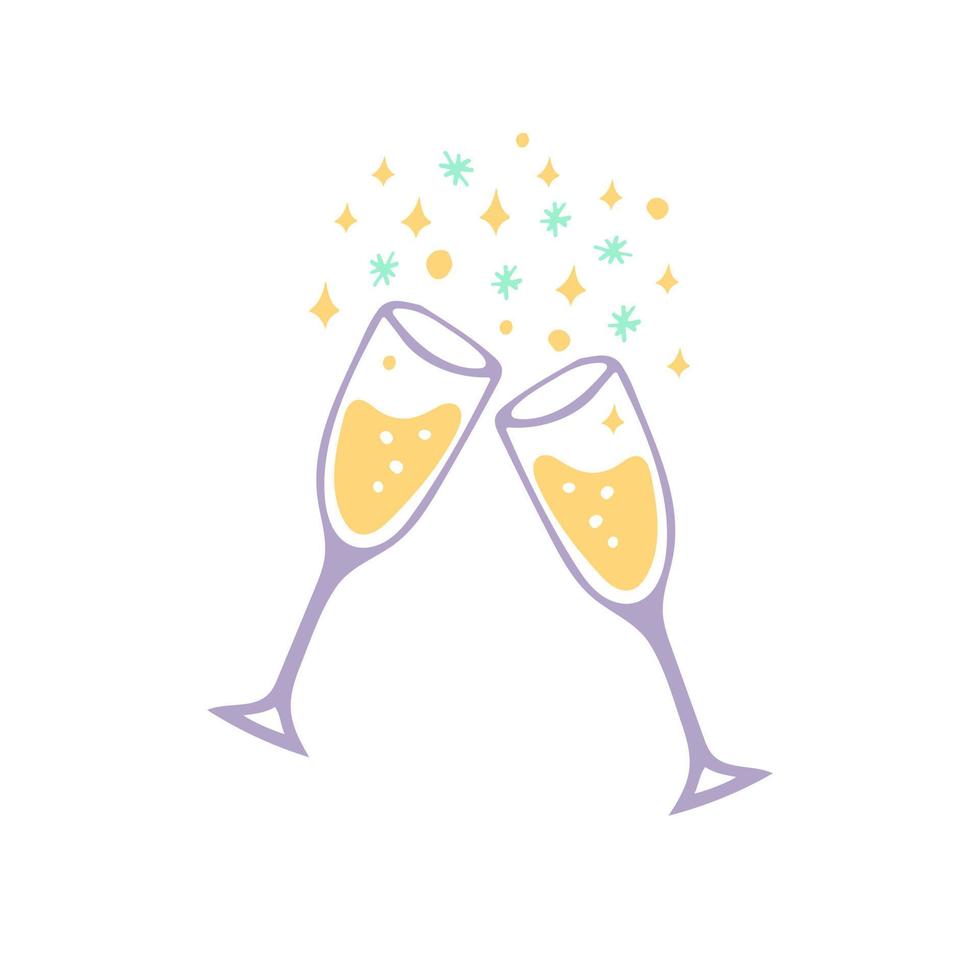 glasses with champagne and snowflakes icon. hand drawn doodle style. , minimalism. holiday, party new year holiday cheers vector