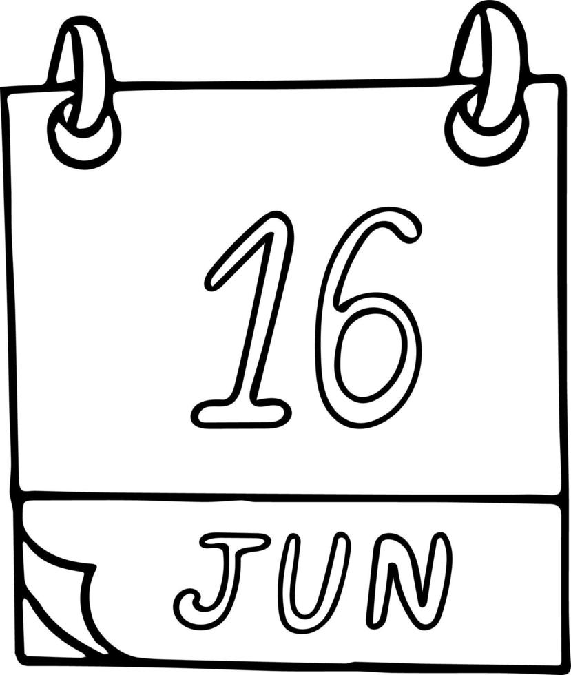 calendar hand drawn in doodle style. June 16. International Day of the African Child, Family Remittances, date. icon, sticker element for design. planning, business holiday vector