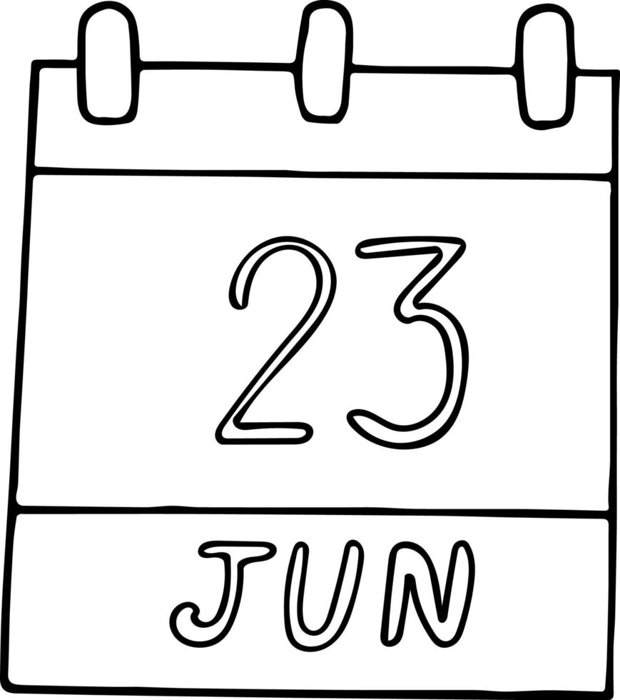 calendar hand drawn in doodle style. June 23. International Olympic Day, Widow, United Nations Public Service, date. icon, sticker element for design. planning, business holiday vector