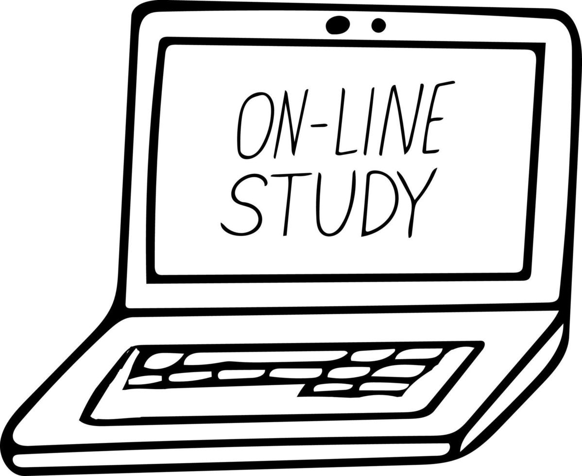 laptop and lettering on-line study hand drawn in doodle scandinavian simple monochrome style. home teaching, distance learning, internet, course, webinar, broadcast, video tutorials vector