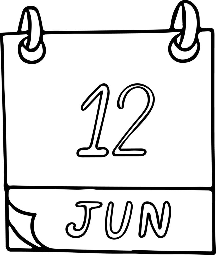 calendario dibujado a mano en estilo garabato. 12 de junio. día mundial contra el trabajo infantil, fecha. icono, elemento adhesivo para el diseño. planificación, vacaciones de negocios vector