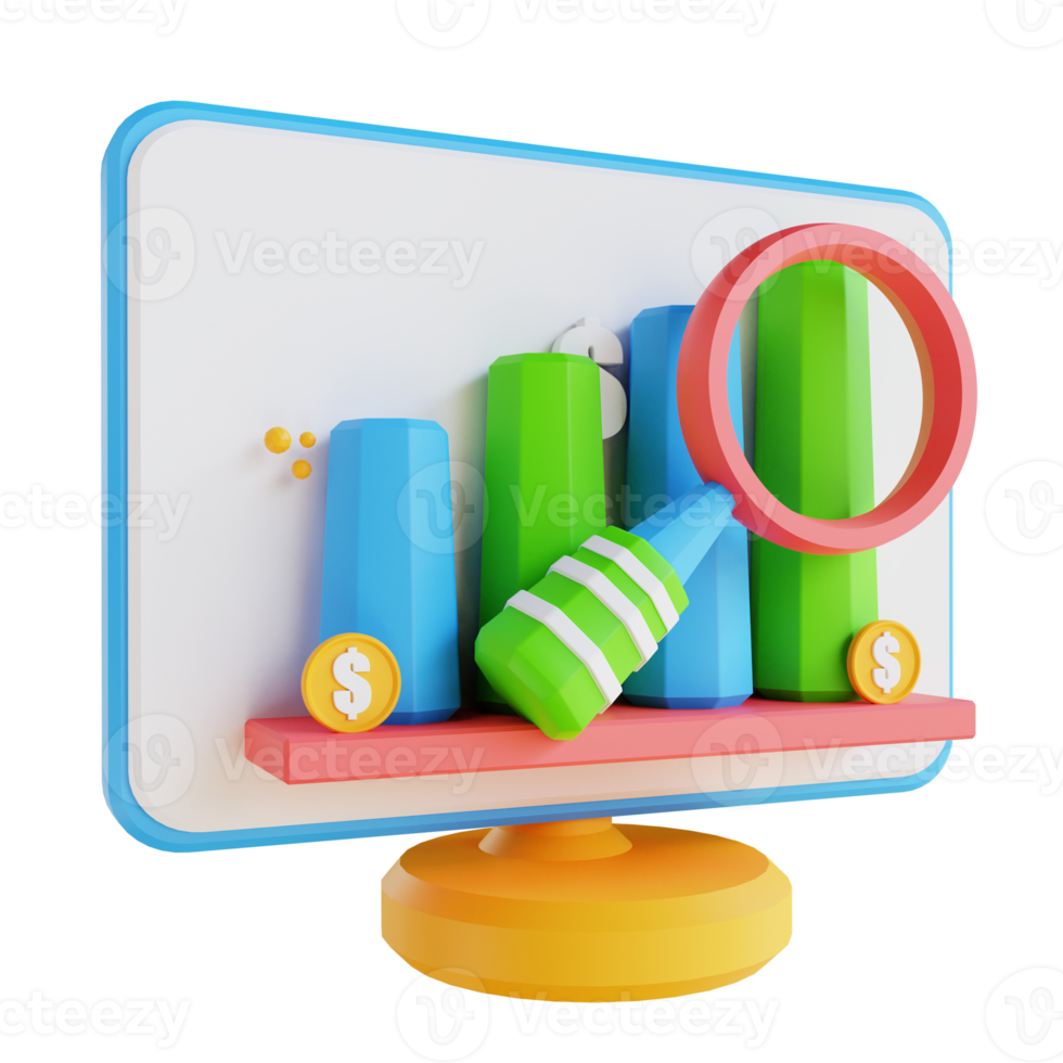 3D illustration low poly computer and data analysis png