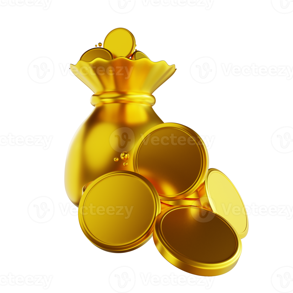 3D illustration golden common coin pile and coin bag png