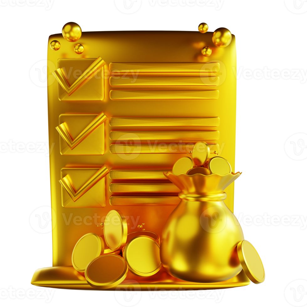 saco de moeda geral de documento dourado de ilustração 3d png