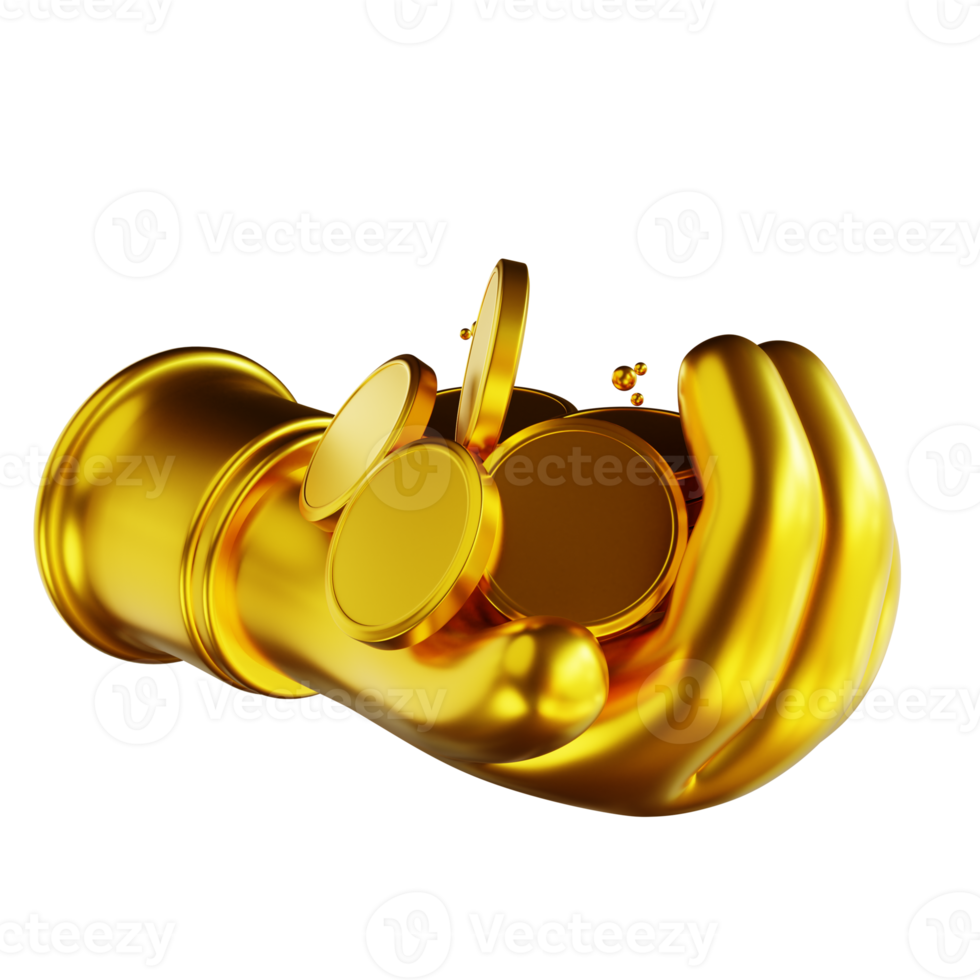 3D illustration golden hand and general coin pile png