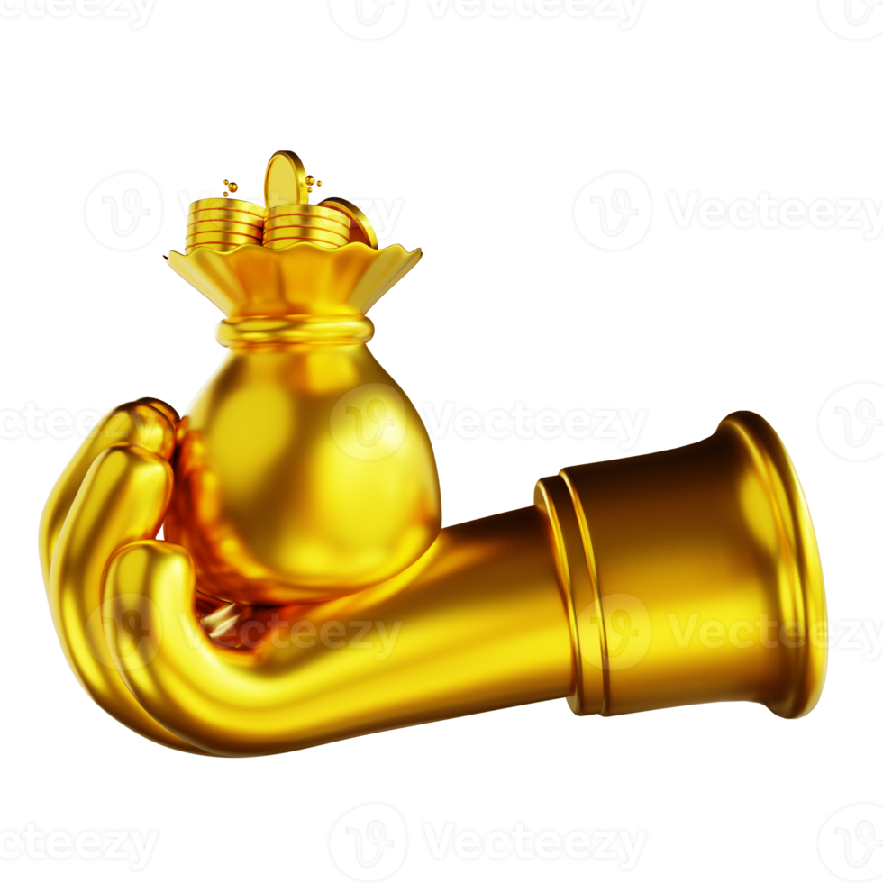 3D illustration golden hand and general coin bag png