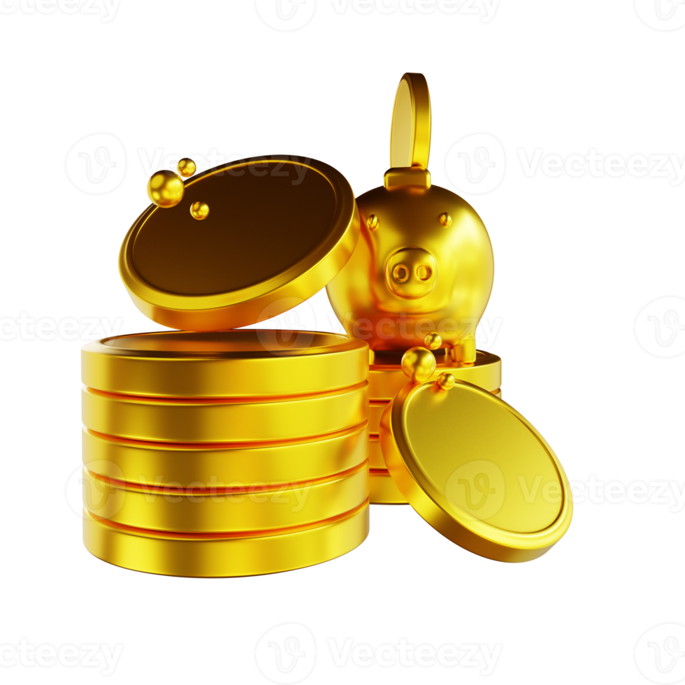 3D illustration golden piggy bank and common coin pile png