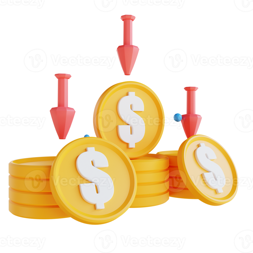 3D illustration low poly coin graph down png