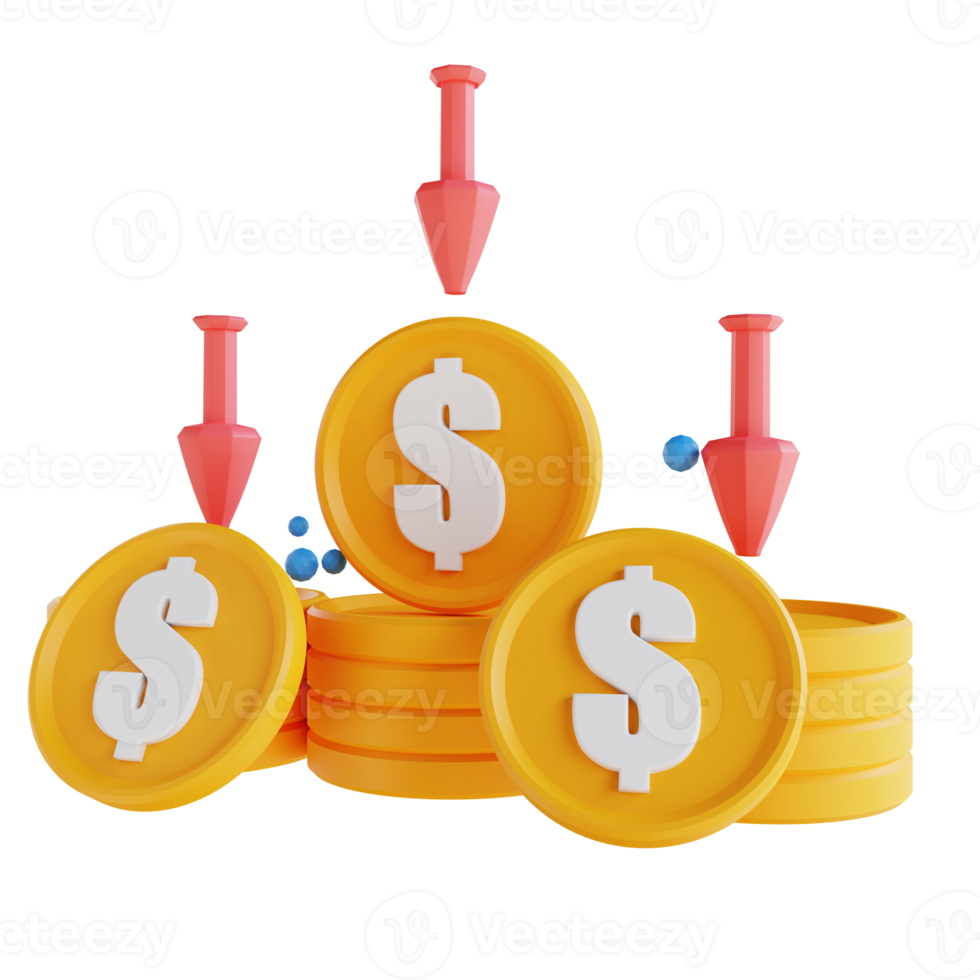 3D illustration low poly coin graph down png