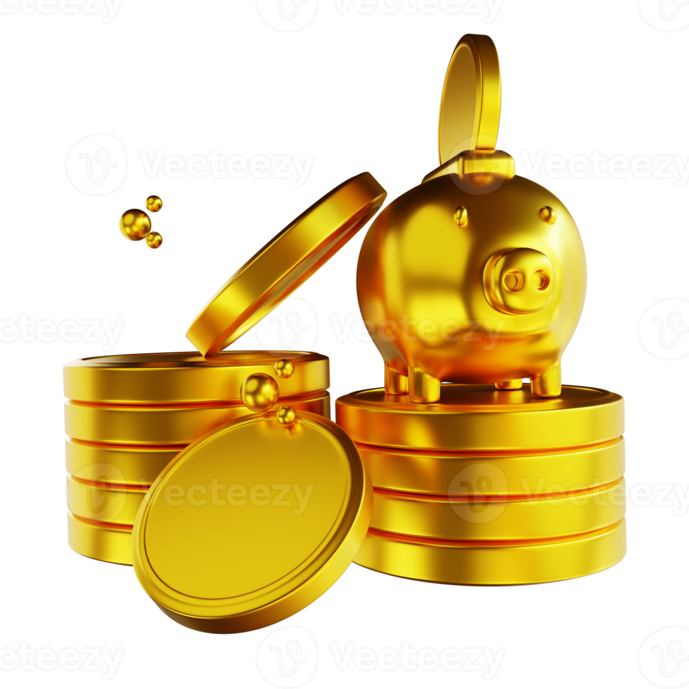 3D illustration golden piggy bank and common coin pile png