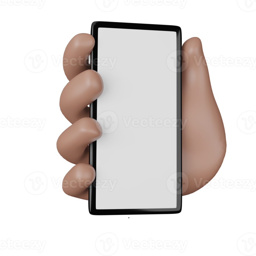 3D Hand holding smartphone  on White screen mock up, mobile phone 3d render illustration png