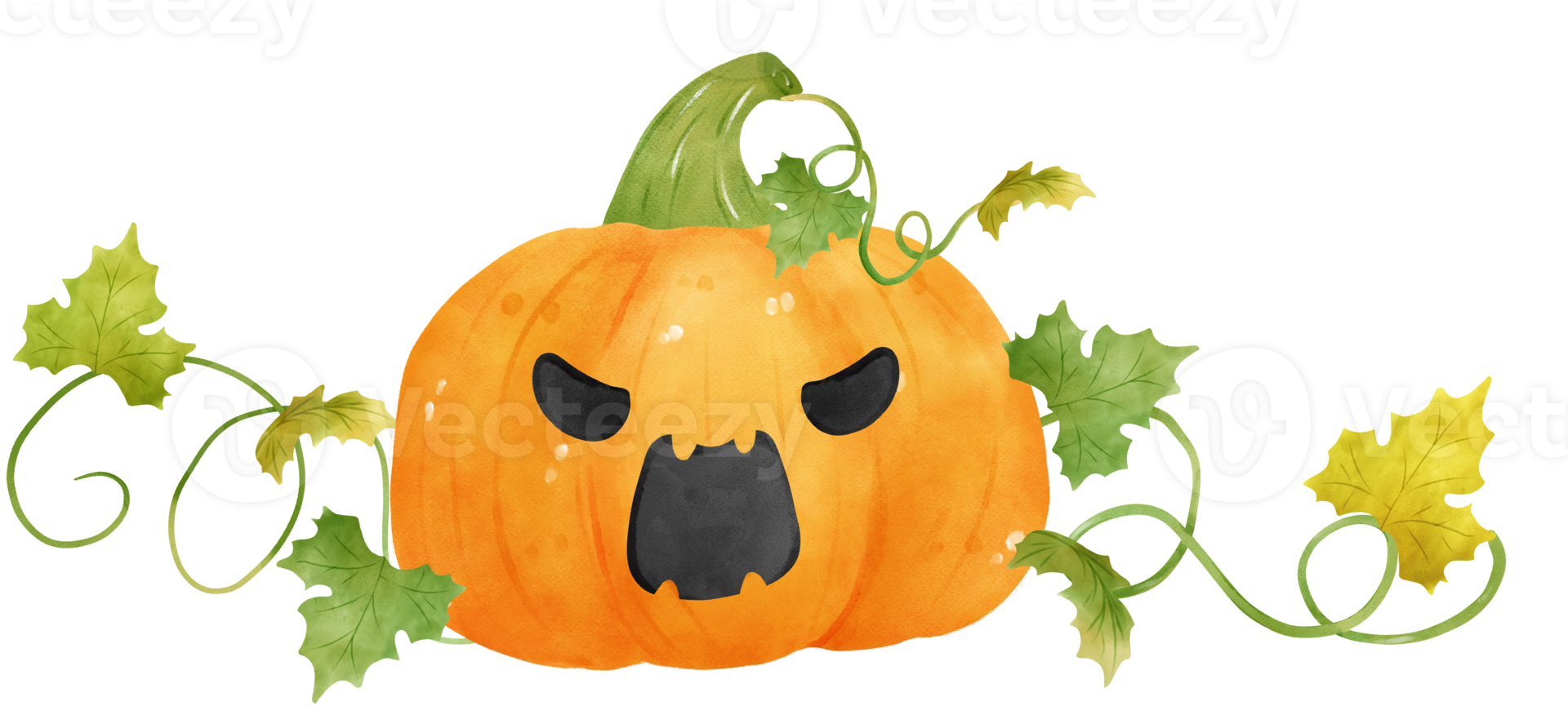 cute watercolor Halloween autumn pumpkins with face and vines cartoon hand drawn png