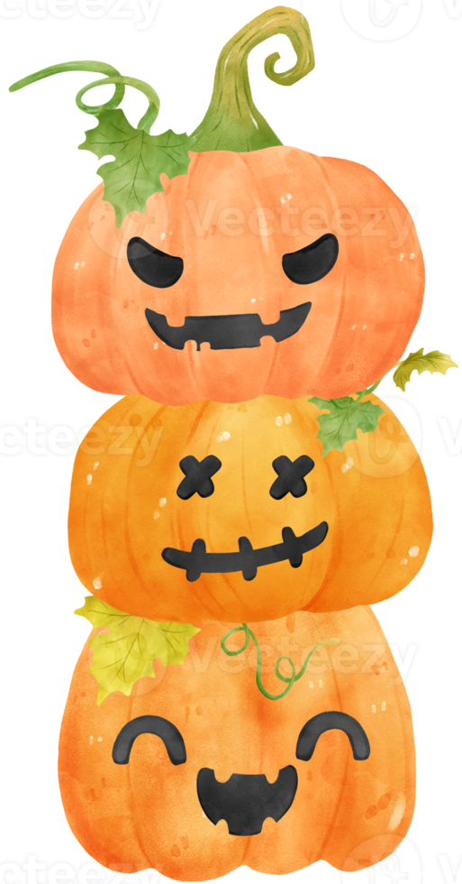 jolies citrouilles d'automne halloween aquarelle avec visage et vignes dessin animé dessinés à la main png