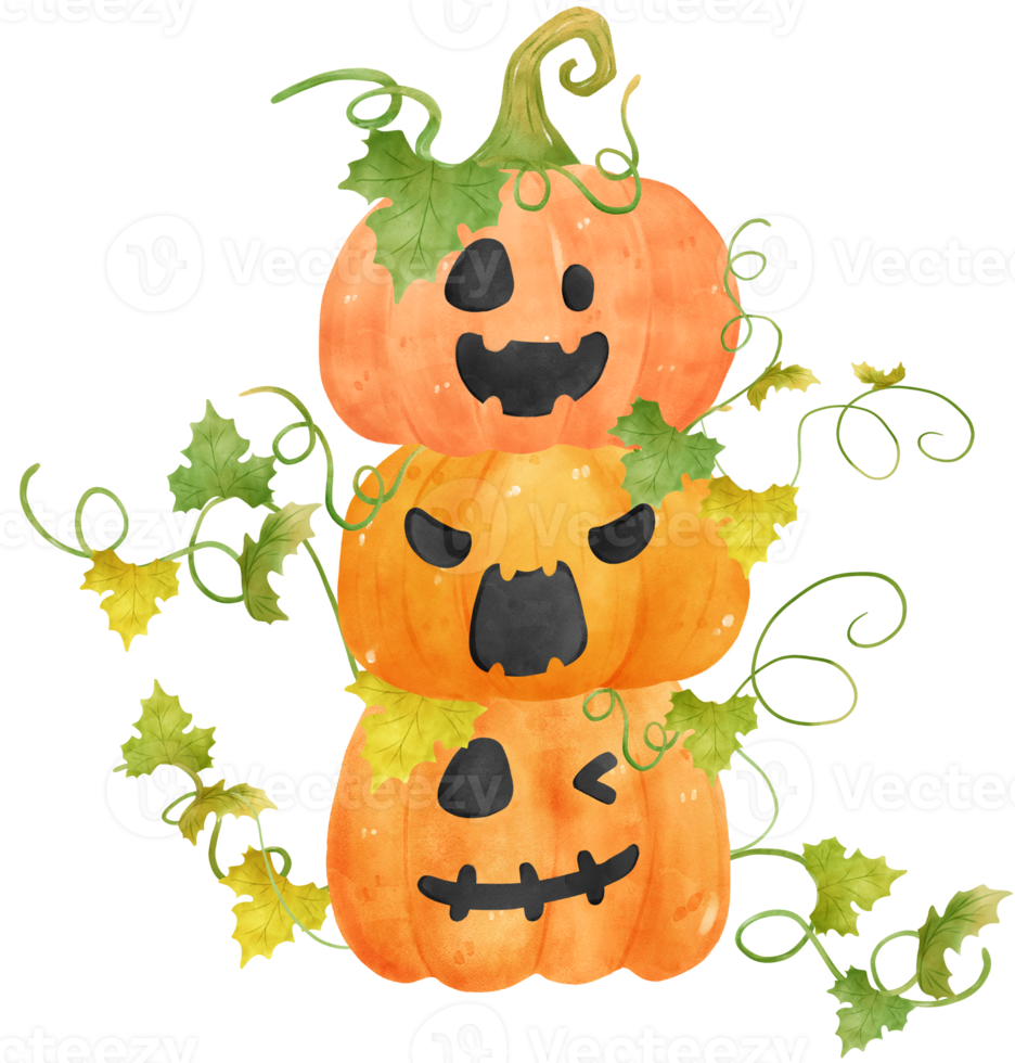 cute watercolor Halloween autumn pumpkins with face and vines cartoon hand drawn png