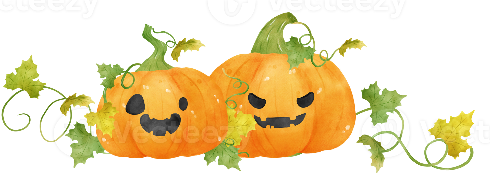 abóboras de outono de halloween em aquarela fofas com desenho de rosto e videiras desenhados à mão png