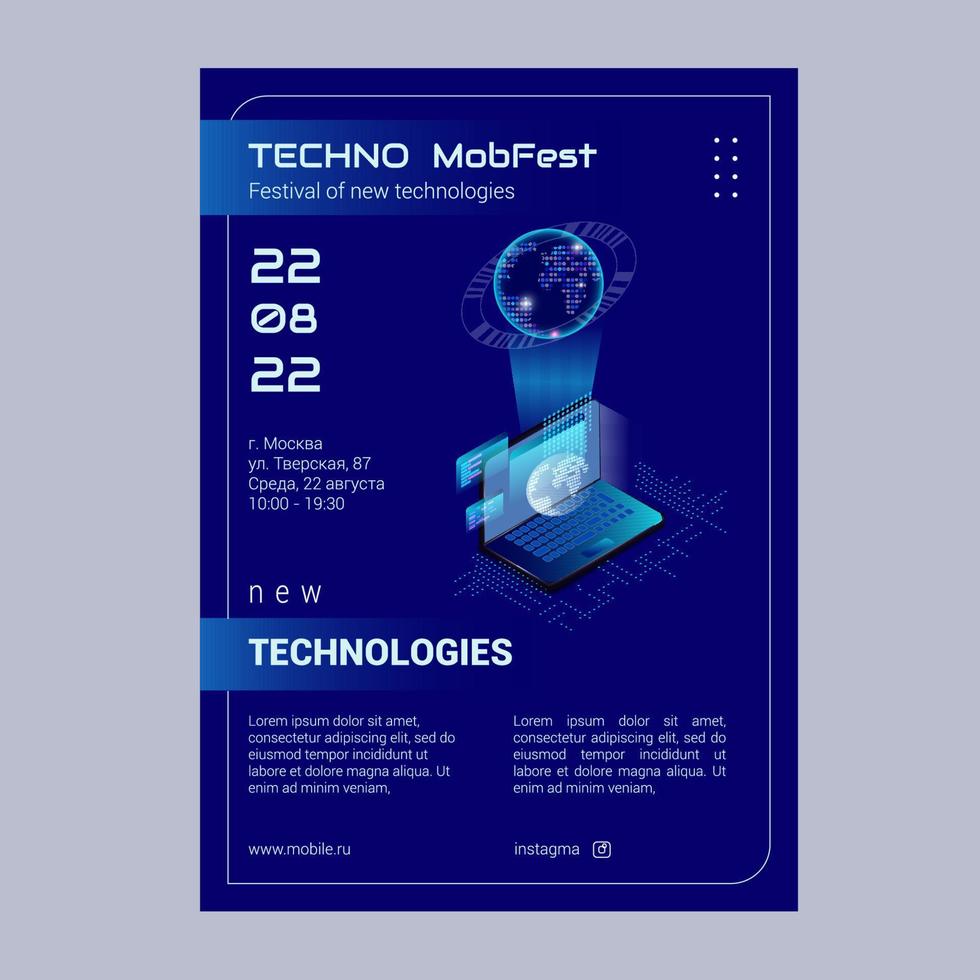 Design of a flyer or poster, a festival of new technologies. Planet Earth on the laptop screen. Conceptual banner of web technologies vector