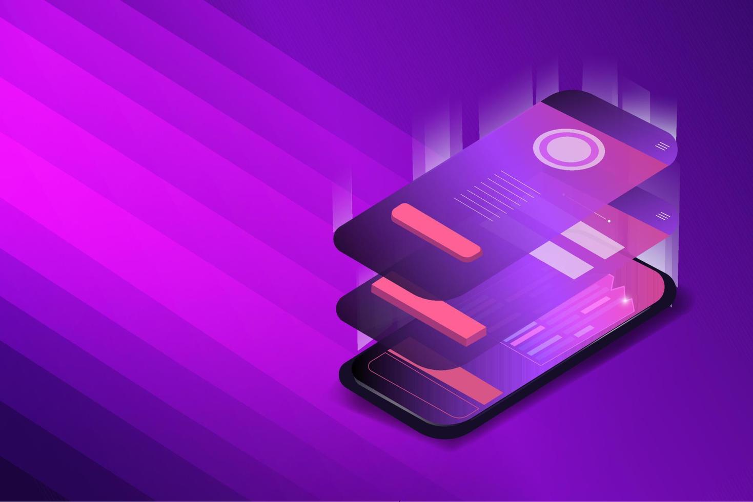 Isometric illustration of a mobile technological interface. Gradient purple background. Vector illustration.