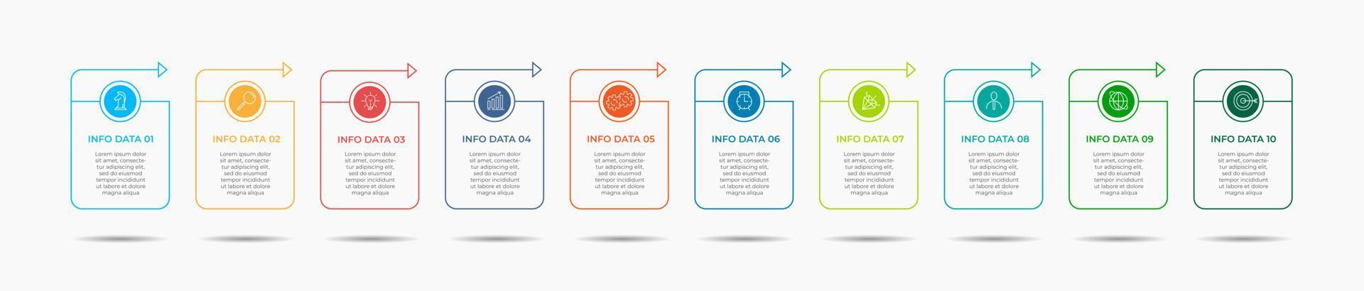 plantilla de negocio de diseño infográfico con iconos y 10 opciones o pasos. se puede utilizar para diagramas de proceso, presentaciones, diseño de flujo de trabajo, pancarta, diagrama de flujo, gráfico de información vector