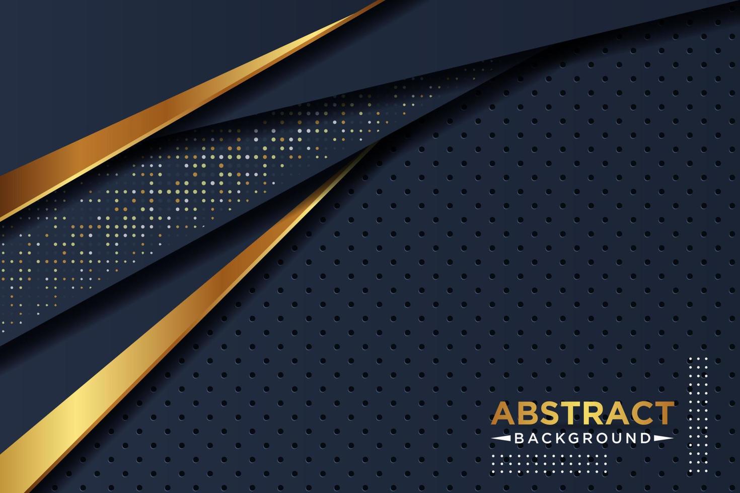 Abstract dark navy blue overlap layers with golden line, circle mesh Texture with silver and golden glitters dots element decoration. EPS10 vector